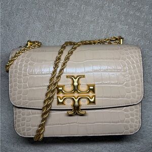 Tory Burch Cream Croc-Embossed Leather Crossbody with Gold Logo